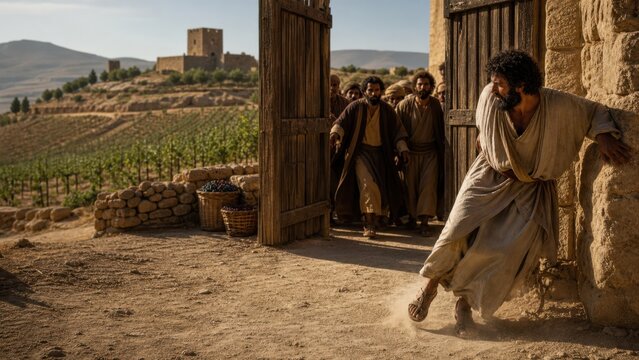 Beaten servant expelled through vineyard gate by angry tenant farmers. Biblical parable of wicked husbandmen rejecting messenger. Rejection and injustice concept
