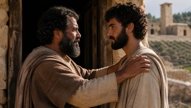Older man vineyard owner entrusting his beloved young son before sending him to tenants for fruit. Biblical parable about responsibility, inheritance and trust from gospel of Luke