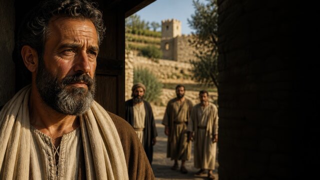 Middle aged bearded man as vineyard owner standing in doorway looking into distance with three servants approaching near stone tower. Biblical parable of wicked tenants concept