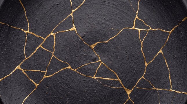 Kintsugi Black Ceramic Plate Repaired with Gold Seams