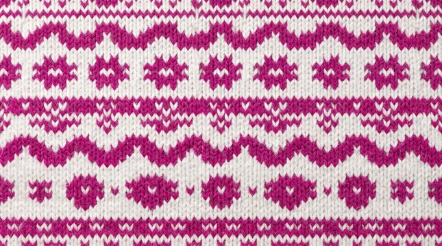 Knitted textile with pink and white geometric pattern for winter apparel backgrounds