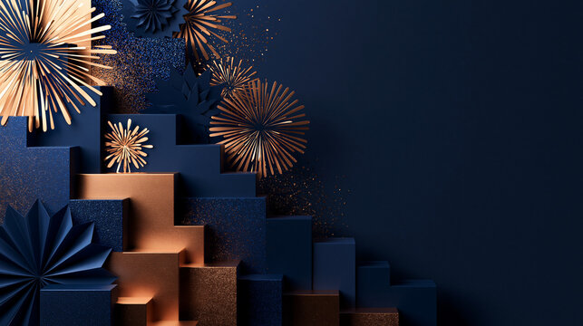 Luxury Podium Background with Gold Fireworks and Geometric Steps