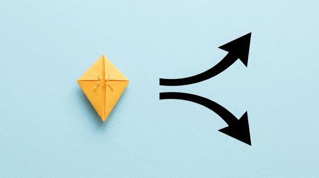 Origami paper kite with diverging arrows on blue background