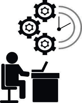 Time Management and Workflow Optimization Icon with Business Person Working at Desk with Laptop and Cogwheels