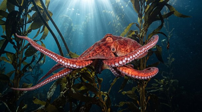 Octopus Swimming Through Underwater Kelp Forest with Sunbeams