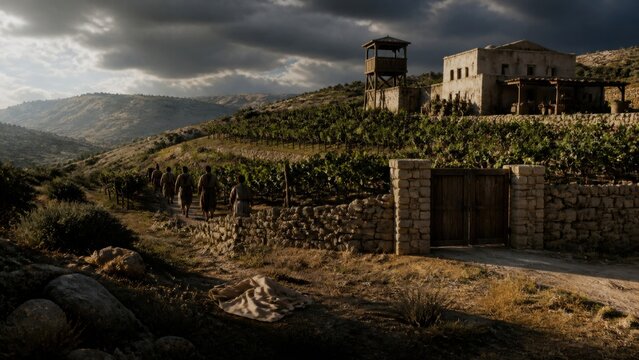 Vineyard tenants walking away after expelling wounded servant near stone wall gate and watchtower. Biblical parable of wicked husbandmen and stewardship concept