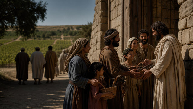 Family of vineyard tenants receiving wicker baskets and tools from man near stone building. Biblical parable of vineyard stewardship and faithful labor concept for religious teaching