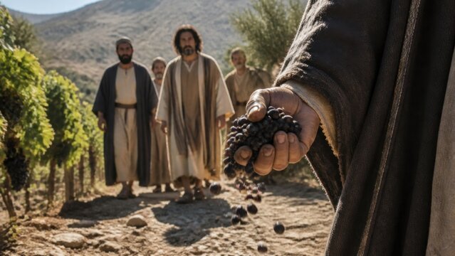 Close-up of hand crushing ripe grapes in vineyard with Jesus and disciples walking in background. Biblical parable of wicked tenants and vineyard owner concept