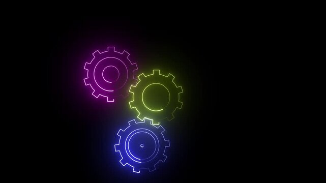 Three glowing neon gears rotating together in abstract dark space with subtle light flares