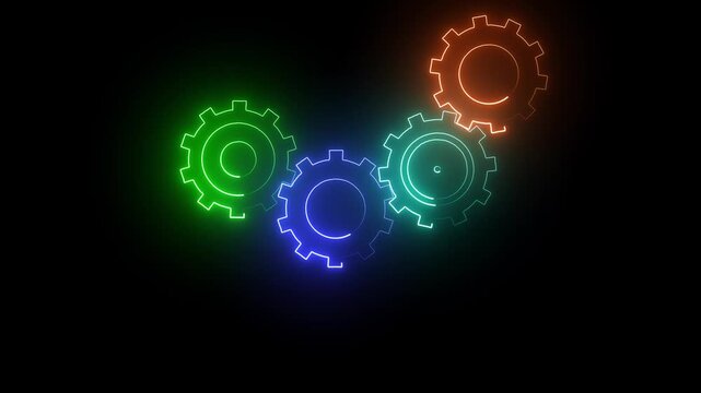 Animated glowing cogs interlocking in rhythmic motion against a dark backdrop symbolizing connectivity and progress