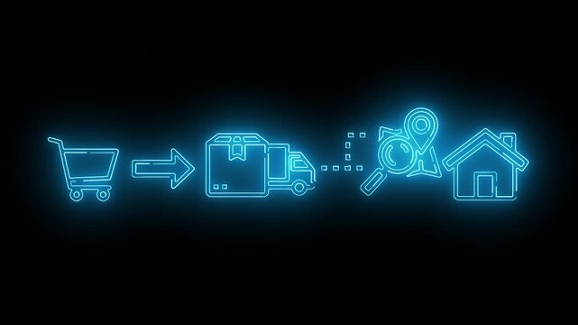 Neon blue logistics supply shipping icon featuring delivery truck parcel box arrow and magnifying glass search tracking