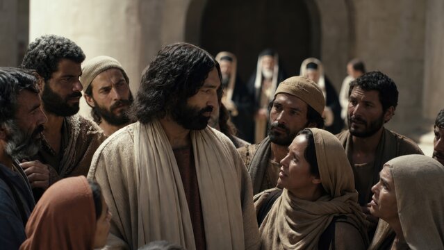 Man with long dark hair and beard teaching crowd of men and women in temple courtyard. Daily preaching and attentive listeners. Biblical faith and gospel narrative concept