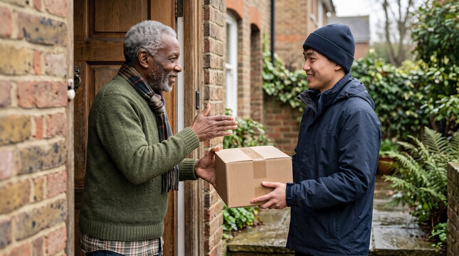 Elderly Black Man Accepting Parcel from Courier Using Sign Language at Home Entrance for Delivery Services, Accessibility Blogs, and Senior Care Content