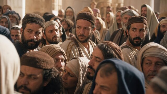 Infiltrated spies blending into temple crowd pretending to be righteous listeners while secretly observing. Biblical reenactment of deception and surveillance in gospel story