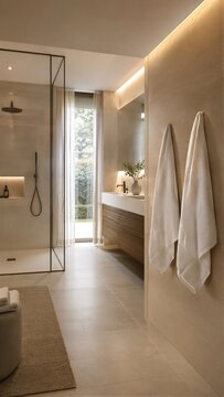 Modern luxury bathroom interior with warm beige tile floor and heated wall with hanging towels. Underfloor heating system and energy efficient home comfort and renovation concepts.