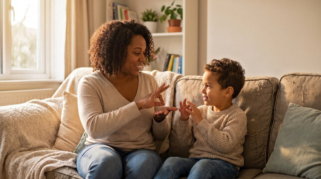 Loving Black Mother Teaching Son Sign Language on Living Room Sofa for Parenting Blogs, Education Websites, and Disability Awareness Content