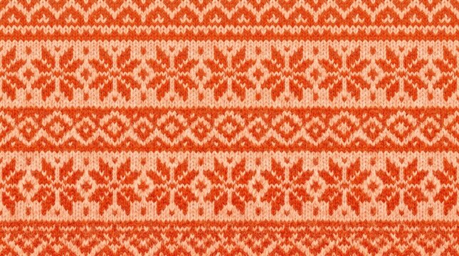 Nordic Fair Isle Knit Pattern with Snowflake Motifs in Warm Orange Tones