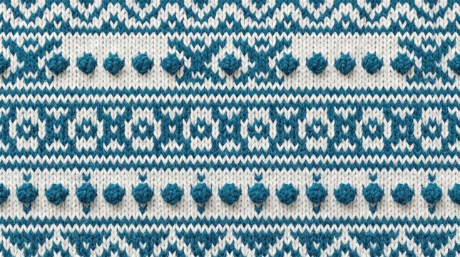Nordic knit pattern with geometric motifs in teal and white during winter