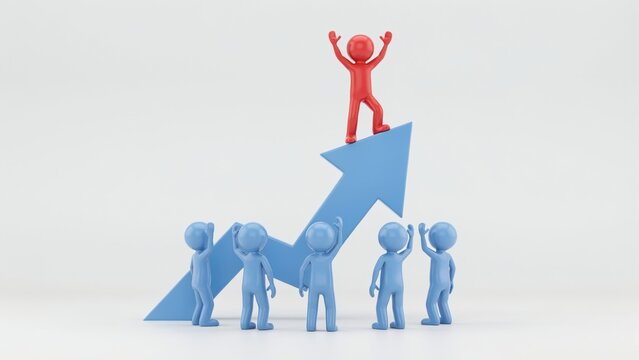 A red 3d character standing on top of a blue growth arrow supported by a team, isolated on white background. Teamwork and leadership business success concept.