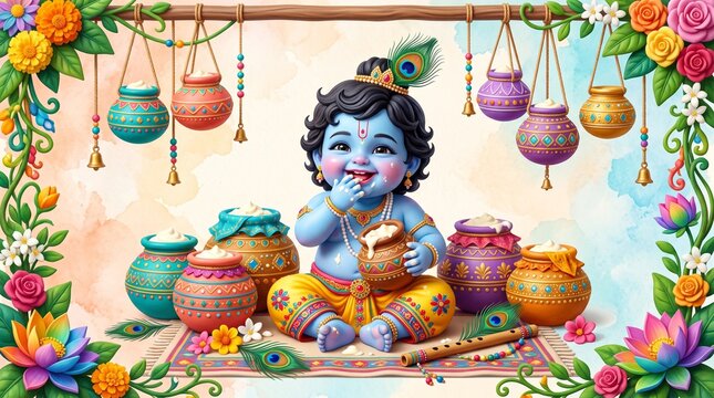 Happy krishna janmashtami baby krishna eating butter from matki