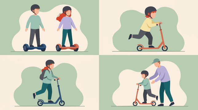 Children and adults riding scooters and hoverboards with helmets for safety
