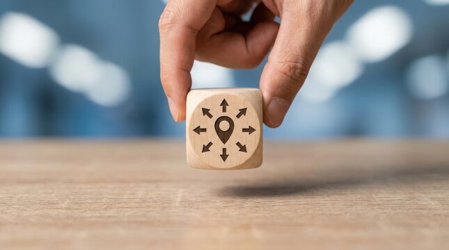 Hand holding a wooden cube with a location pin icon