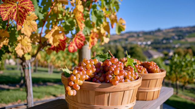 Autumn vineyard stretching across rolling hills, rows of grapevines with golden and red foliage, wooden baskets filled with harvested grapes, warm low sunlight, expansive countryside landscape, prem