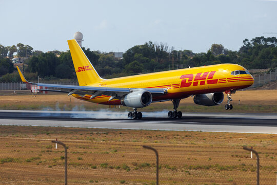 Luqa, Malta - August 21, 2026: DHL Air Austria Boeing 757-223(PCF) (REG: OE-LNQ) arriving from Milan as flight number QY7922.