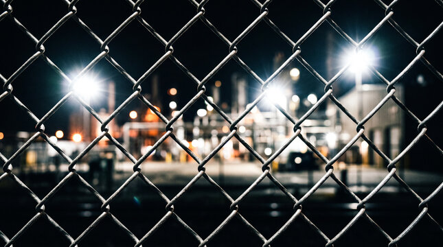 close perspective of a textured diamond mesh steel fence reflecting glaring security lights creating a stark geometric foreground against a deeply blurred factory background