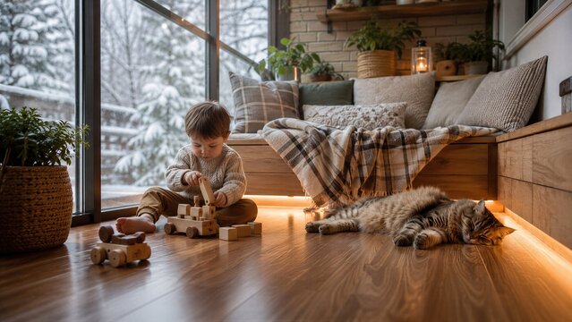 Child boy playing with wooden toy on warm wooden floor with sleeping cat in cozy living room in winter. Underfloor heating system providing comfort and energy efficient home warmth concept