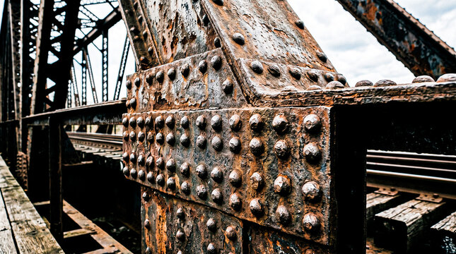 tight shot of heavy rivet heads protruding from rusted iron girders showing immense structural strength and gritty textures characteristic of old railway bridge engineering