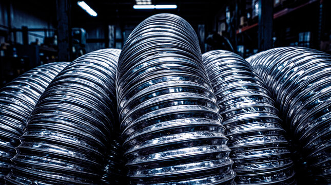 extreme closeup of flexible aluminum ventilation ducts stacked tightly together showing curved ridges and reflective metallic valleys in a cool dimly lit mechanical warehouse