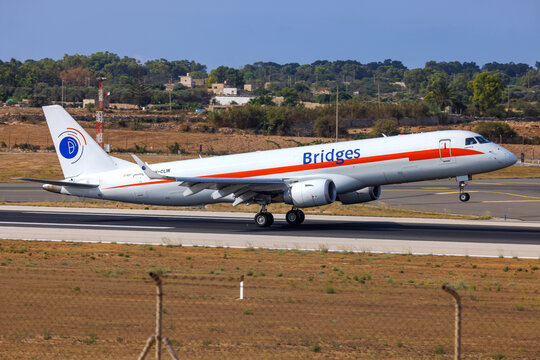Luqa, Malta - August 21, 2026: Bridges Air Cargo Embraer ERJ-190AR(F) (REG: 9H-CLW) arriving from Rome as flight 5B7141.