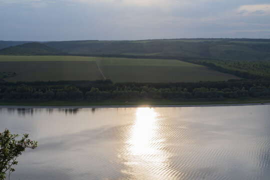 Scenic Bakota Bay and Dniester River viewed from a high grassy slope in Khmelnytskyi region of Ukraine