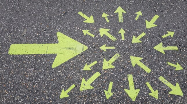 Many yellow arrows pointing to the center on asphalt road