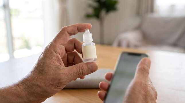 Person Inspecting Eye Drop Bottle and Checking Medication Safety at Home