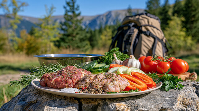 Flat rock beside a forest trail covered with camping food ingredients, seasoned meat, sliced vegetables, salt, pepper, herbs and a metal bowl, hiking backpack and mountain scenery softly blurred beh