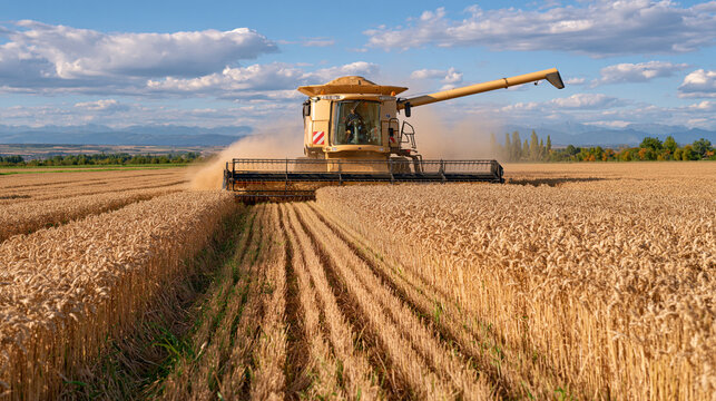 Large combine harvester seen from behind while harvesting a vast wheat field, thick cloud of chaff and dust rising into the autumn sunlight, clean parallel tracks leading toward the horizon, dramati
