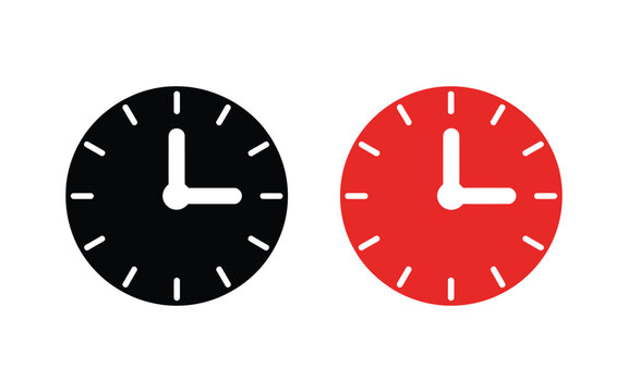 Three O'Clock Time Clock Icon Black Red White Background