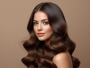 Fototapeta premium Beautiful brunette woman with thick voluminous wavy hairstyle smiling confidently during a high-end salon photo session