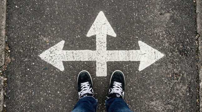 Person standing on asphalt with a white threeway arrow sign