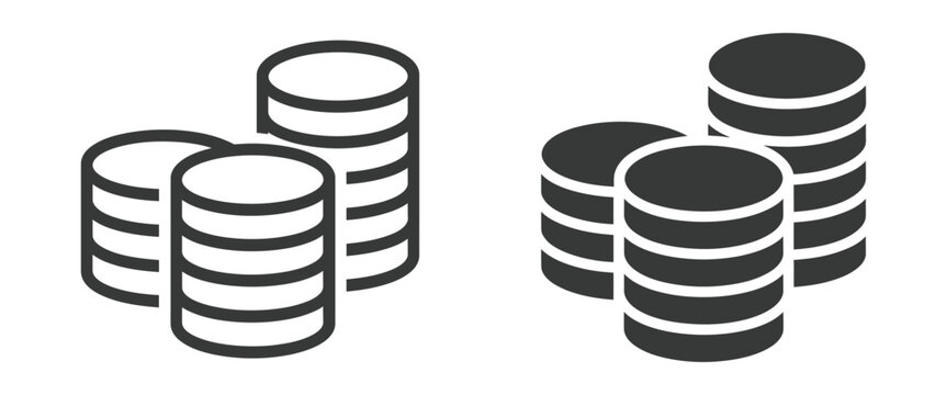 Stacked coin icons, outline and solid currency symbols representing finance, savings, banking, investment, wealth, payments, and financial management.
