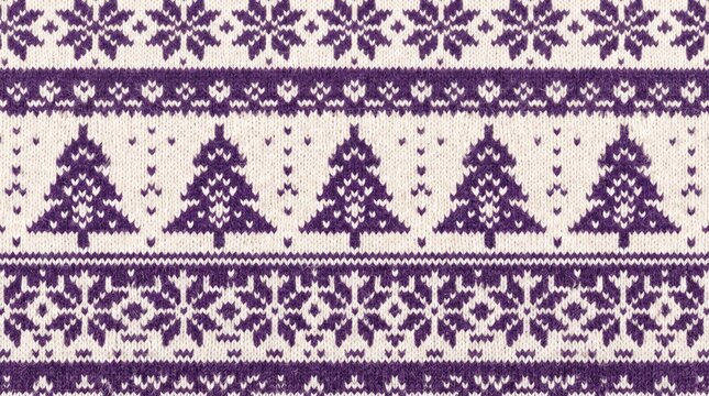 Purple and cream knitted Christmas tree and snowflake pattern seamless texture background