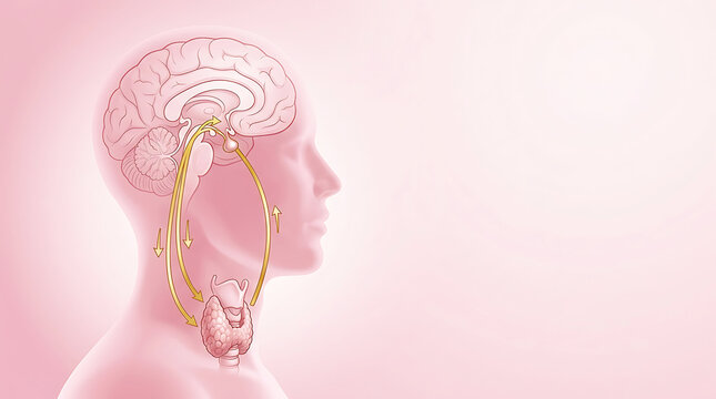 Hypothalamic-pituitary-thyroid axis, endocrine system diagram, pink and gold