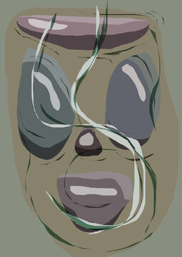 A surreal abstract illustration resembling a primitive mask or face, composed of floating stone-like shapes and chaotic string lines in muted, earthy pastel tones. Modern conceptual art.