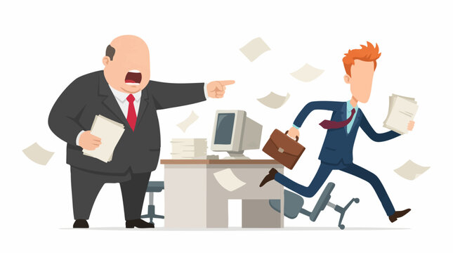 Angry boss yelling at employee who is running away from work