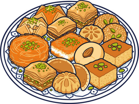 Traditional middle eastern baklava sweets arranged on a decorative ceramic platter