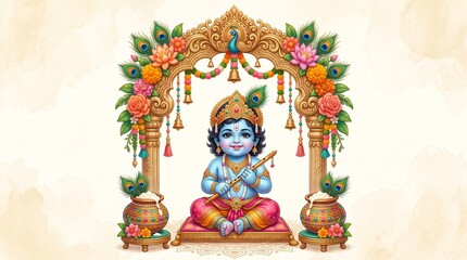Fototapeta premium Baby krishna sitting under decorated arch