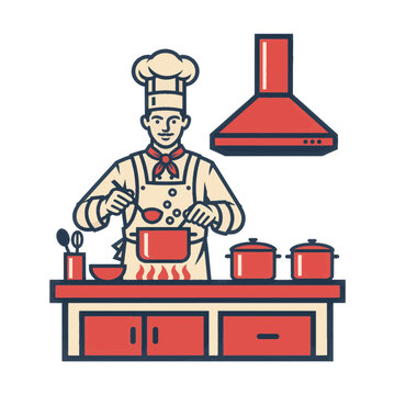 Chef cooking in a kitchen with pots and utensils