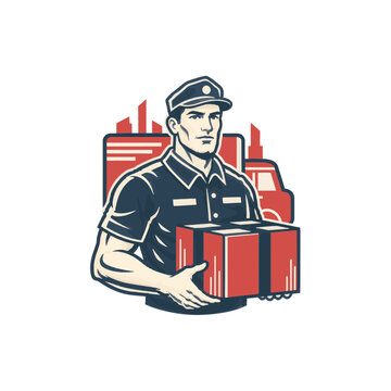 Delivery driver holding package with truck and city background